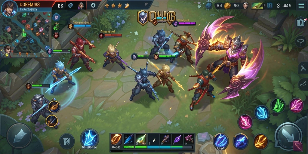 Gameplay seru DOREMI88 di arena pertempuran MOBA.