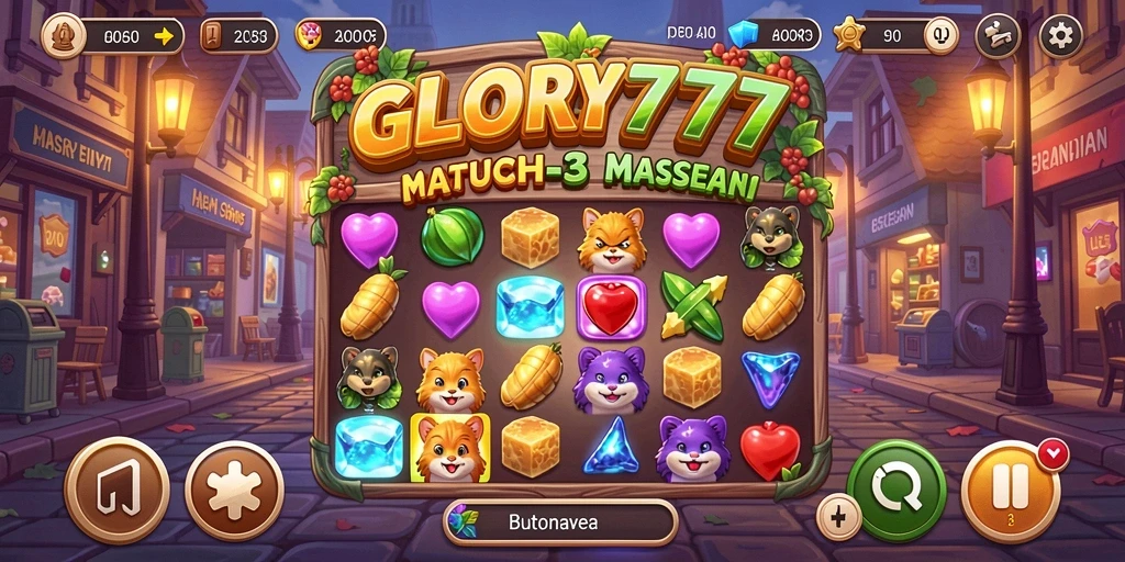 Tampilan gameplay <strong>GLORY777</strong> dengan berbagai batu permata yang berwarna-warni