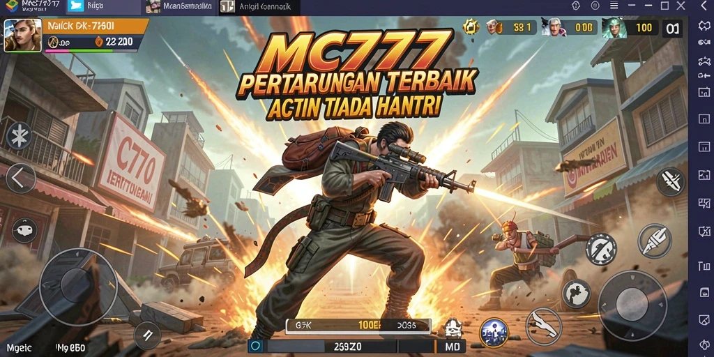 Tampilan gameplay MC777 yang penuh aksi dengan karakter bertarung.