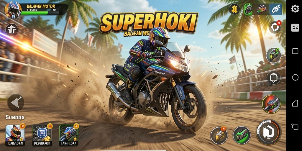 Gameplay SUPERHOKI menampilkan motor balap di trek yang mendebarkan.