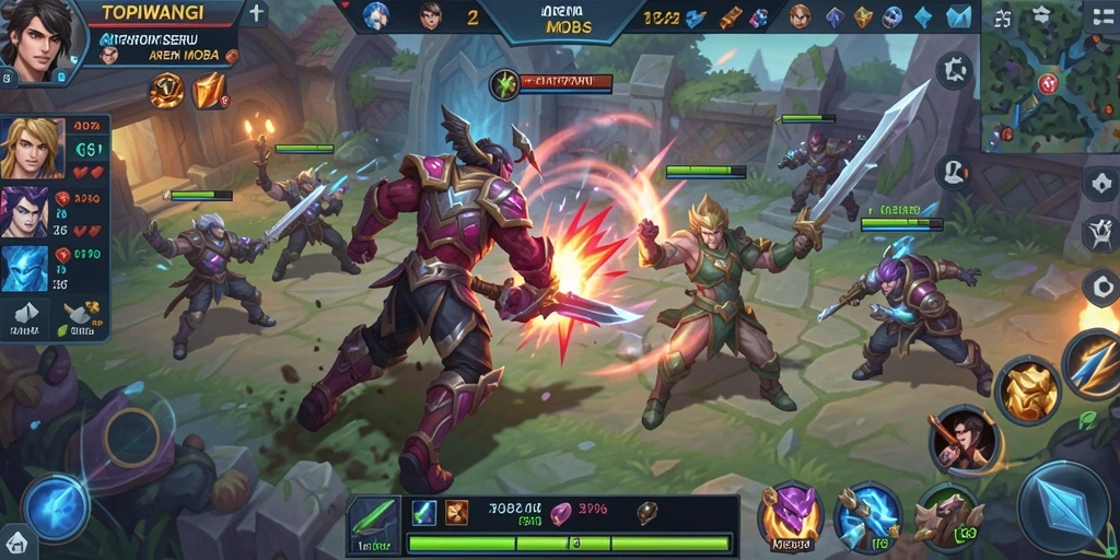 Layar gameplay seru dari TOPIWANGI menampilkan pertempuran antar tim.